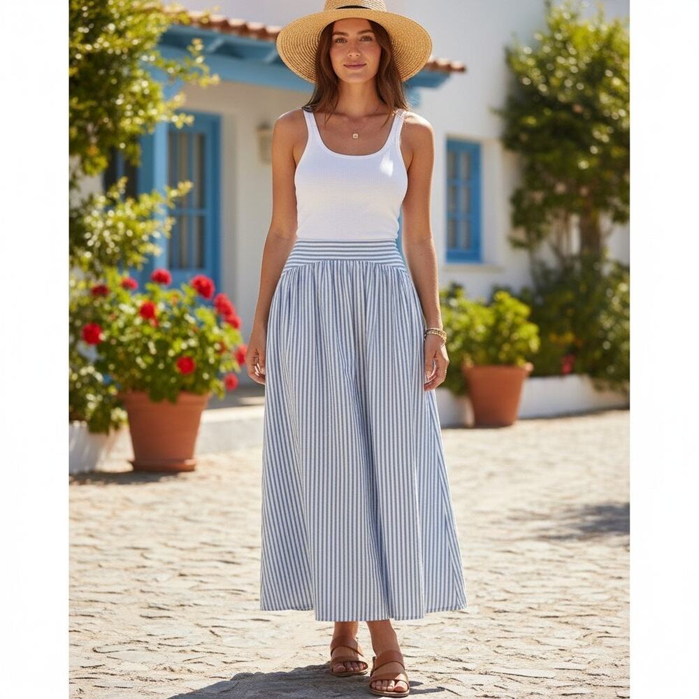 Parker Blue White Striped Cotton Metallic Maxi Skirt Size M  Side Pockets